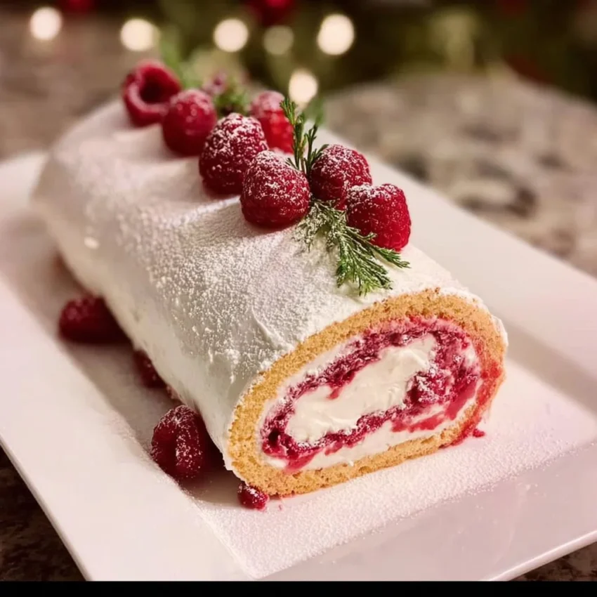 Delicious Christmas Raspberry Cake Roll decorated for the festive season.