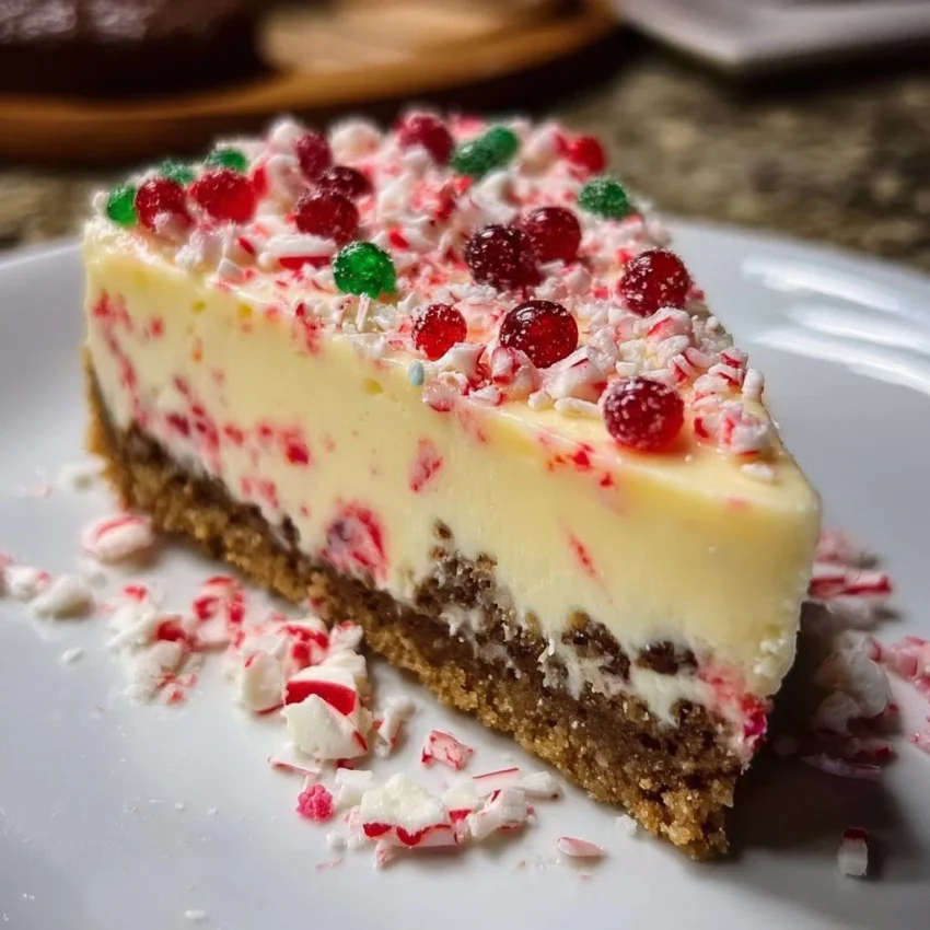 Delicious Christmas Sugar Cookie Cheesecake topped with festive decorations