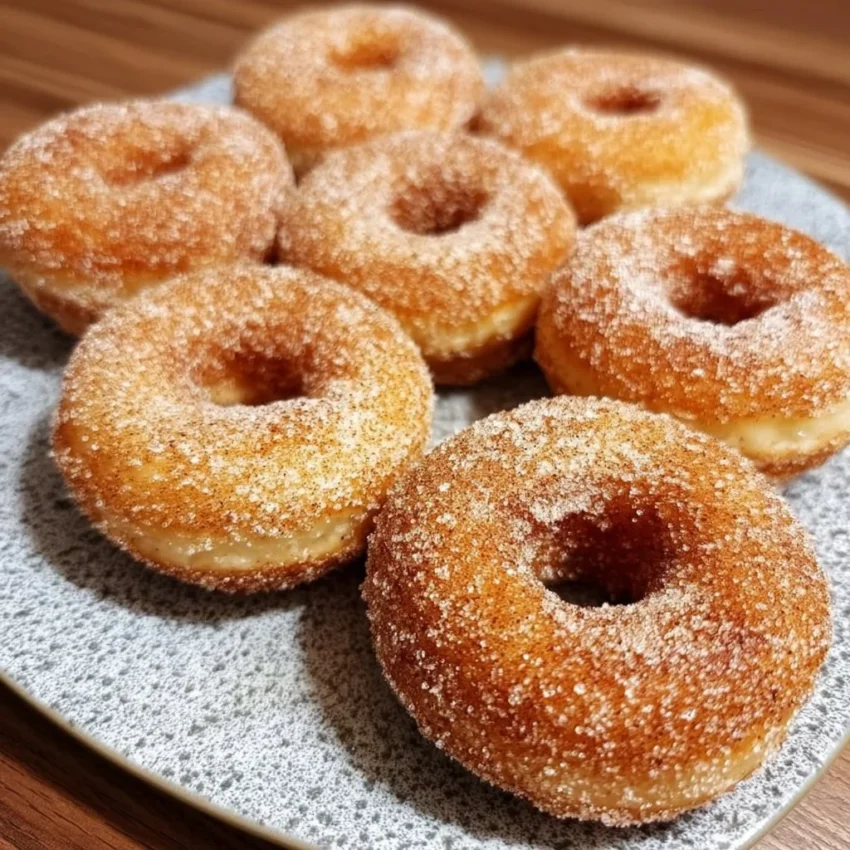 Freshly baked cinnamon sugar donuts dusted with sugar and cinnamon
