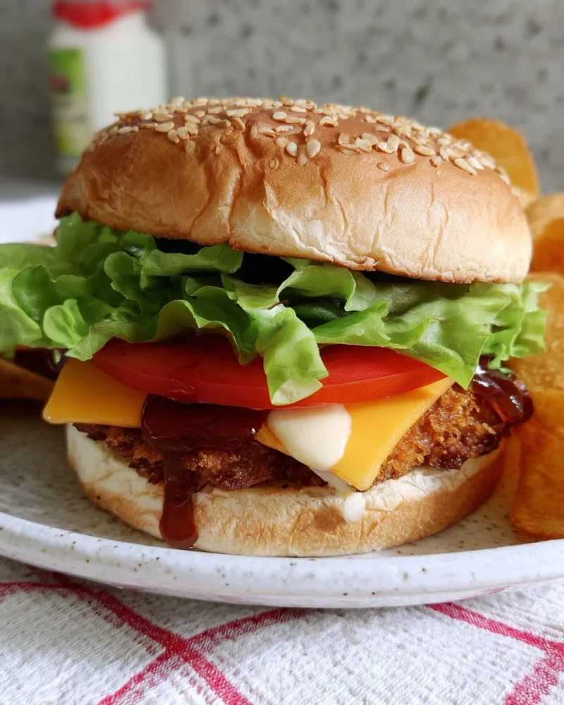 Delicious Classic Burger with milk and panko served on a wooden table