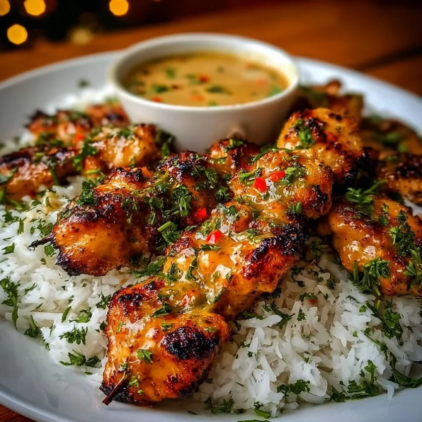 Coconut Lemongrass Chicken Satay served with peanut sauce and fresh herbs