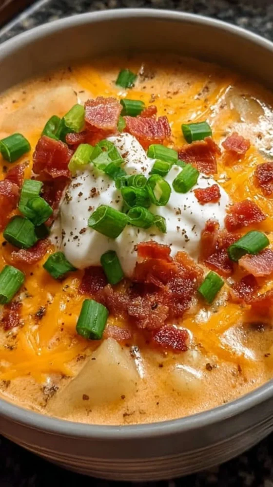 Bowl of comforting loaded baked potato soup topped with cheese and chives.