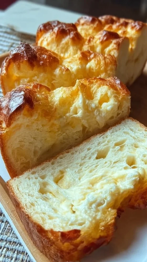 Fluffy cottage cheese cloud bread on a wooden cutting board