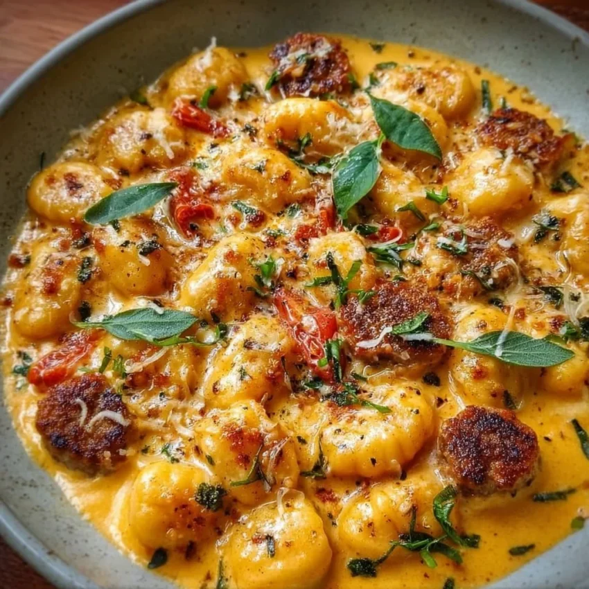Creamy butternut squash gnocchi with sausage on a plate garnished with herbs