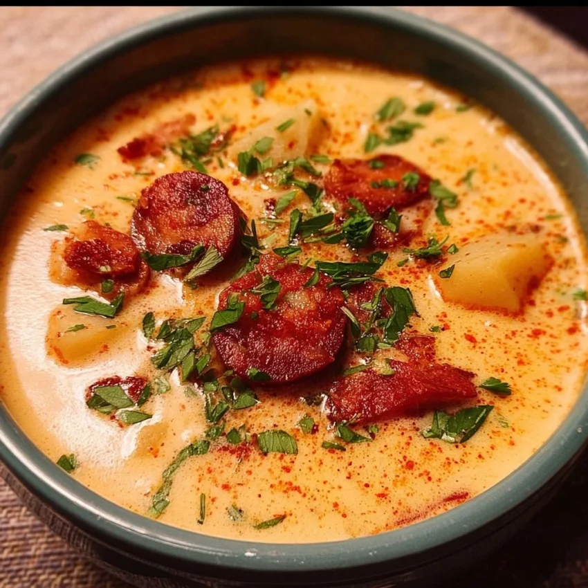 Bowl of creamy Cajun potato soup with herbs and ingredients on a wooden table.