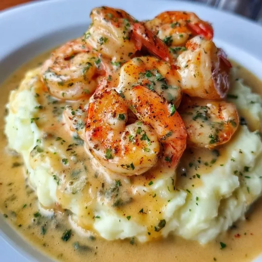 Delicious creamy garlic shrimp served on fluffy mashed potatoes