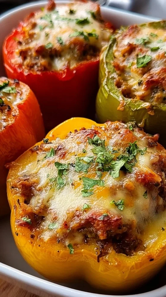 Creamy keto low carb stuffed bell peppers with cheese and veggies