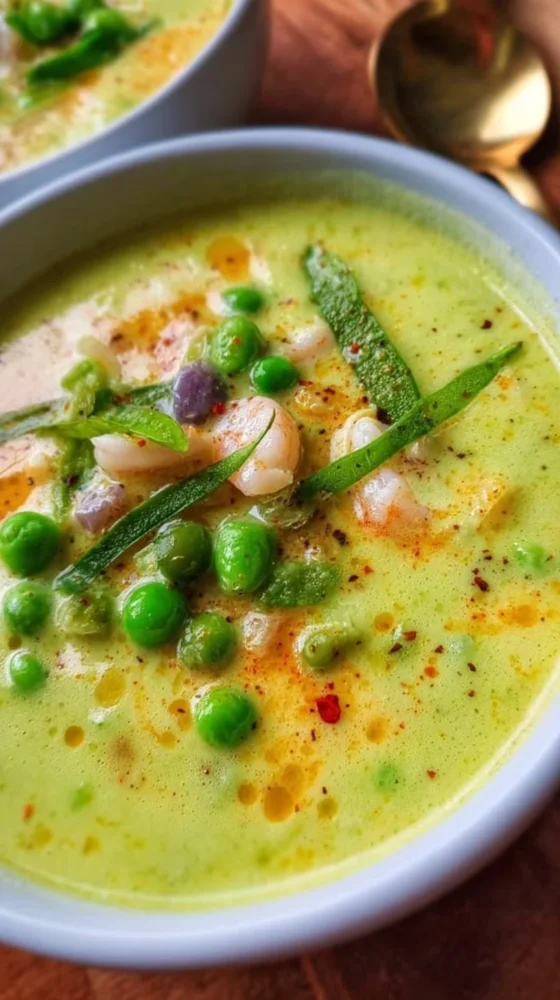 Bowl of creamy mint pea soup garnished with fresh mint and peas.