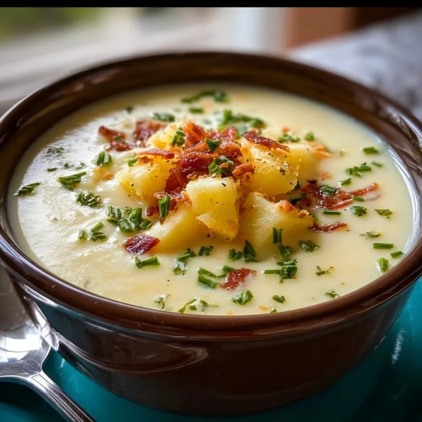 Bowl of creamy potato soup garnished with herbs and served with bread