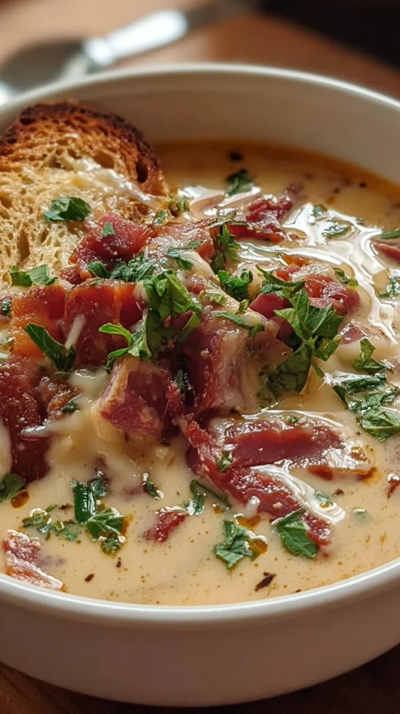 Bowl of creamy Reuben soup with corned beef and sauerkraut garnished with parsley