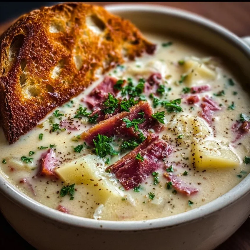 Bowl of creamy Reuben soup topped with fresh parsley and served with rye bread.
