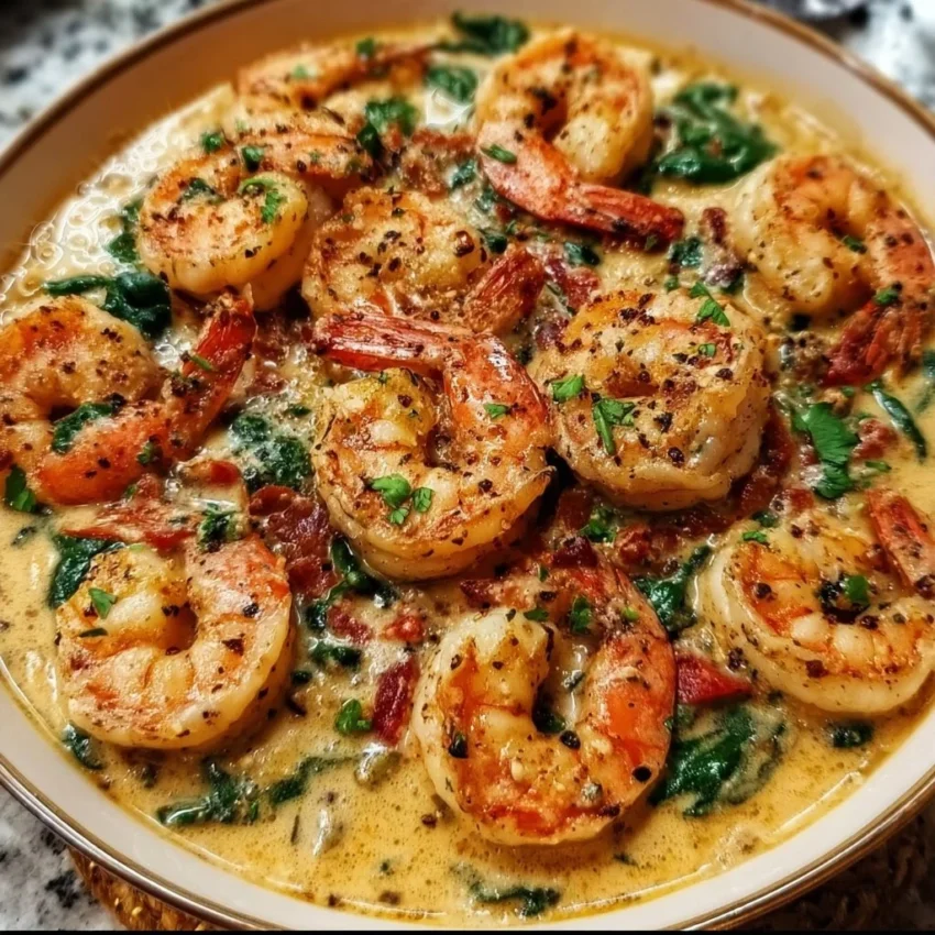 Delicious creamy Tuscan shrimp served over pasta with fresh basil