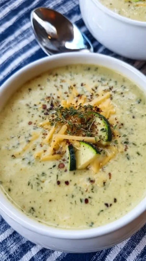 Bowl of creamy zucchini soup garnished with herbs