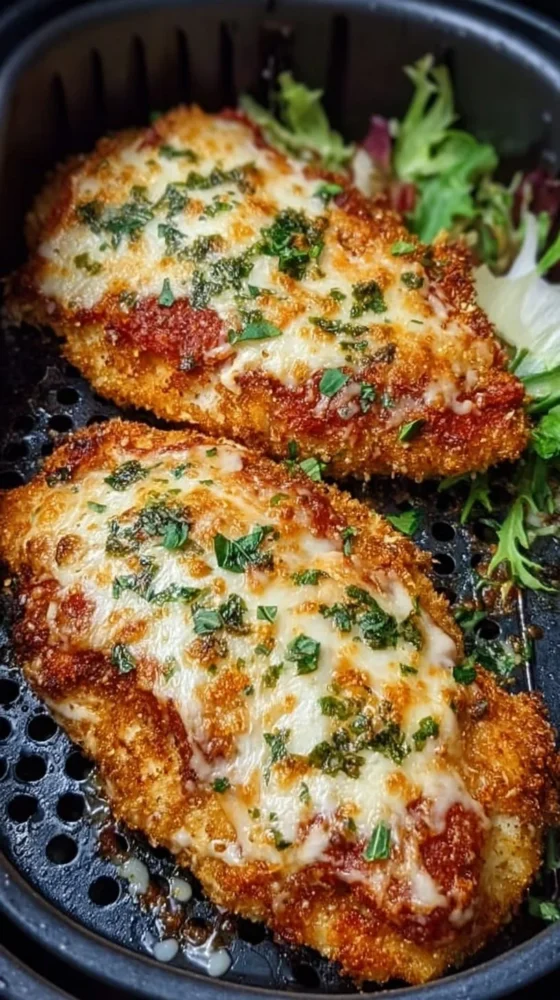Crispy air fryer chicken parmesan served with marinara sauce and herbs