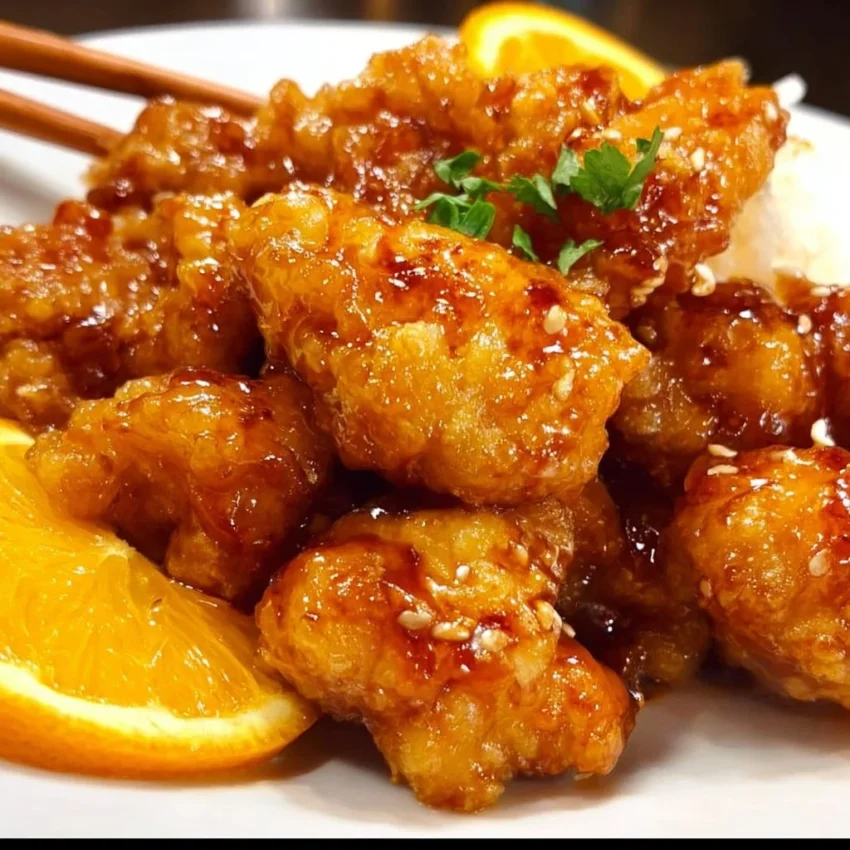 Crispy orange chicken served with rice and vegetables.