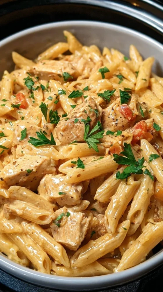 Crock Pot Creamy Cajun Chicken Pasta dish with vibrant colors and creamy texture