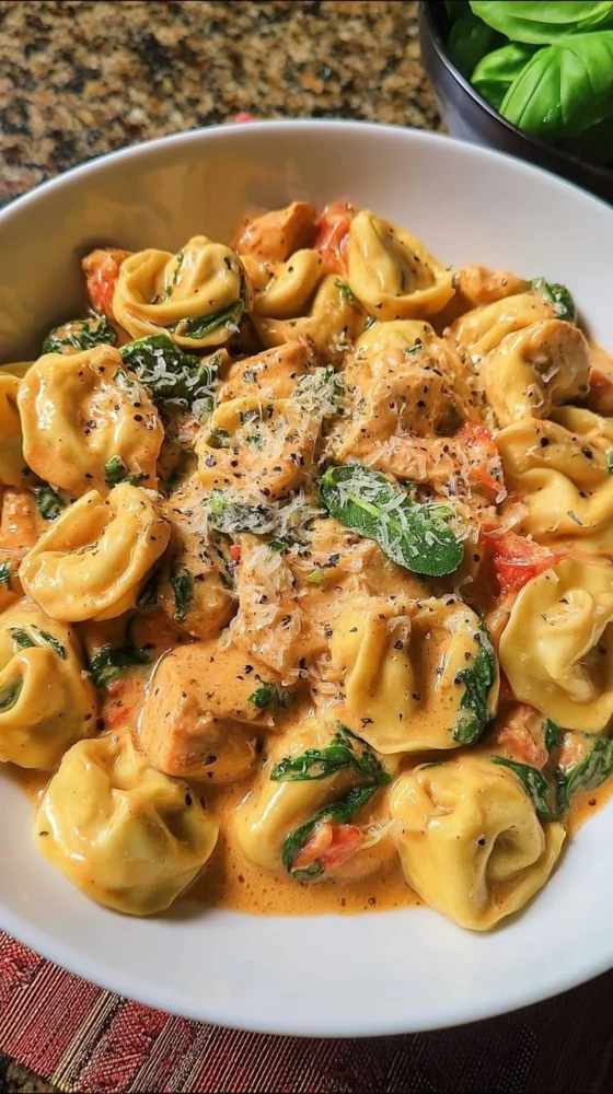 Delicious CrockPot Chicken Tortellini served in a bowl