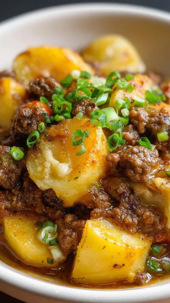 Crockpot Hamburger Potato Casserole served in a bowl with melted cheese