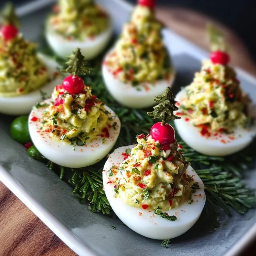 Festive deviled egg Christmas trees on a holiday platter