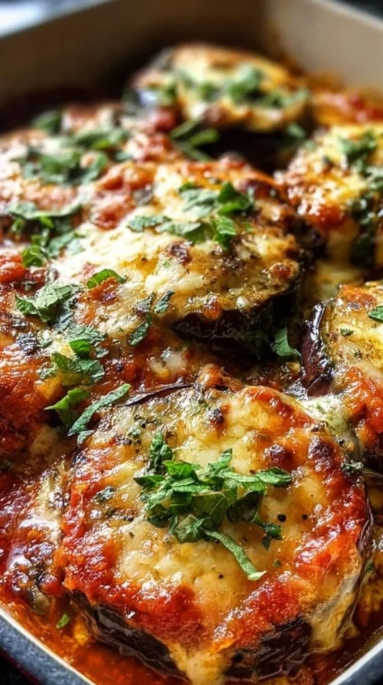 Delicious easy baked eggplant parmesan dish served in a casserole