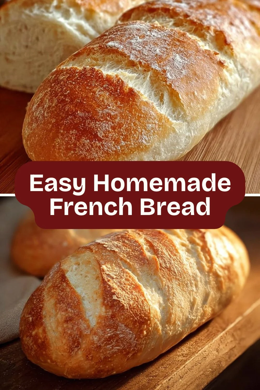 Freshly baked easy homemade French bread loaf on a wooden table.