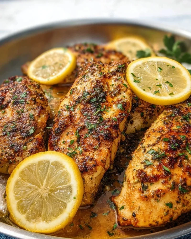 Plate of easy lemon pepper chicken garnished with lemon slices and herbs.
