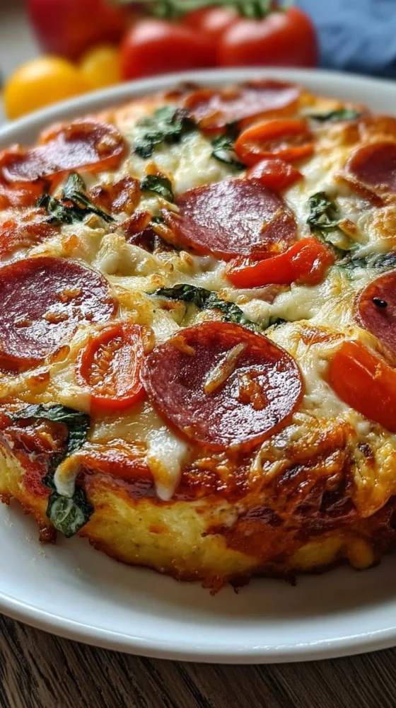 Delicious low carb crustless pizza bowl topped with fresh ingredients.