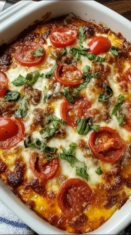 Slice of easy low carb pizza casserole on a plate
