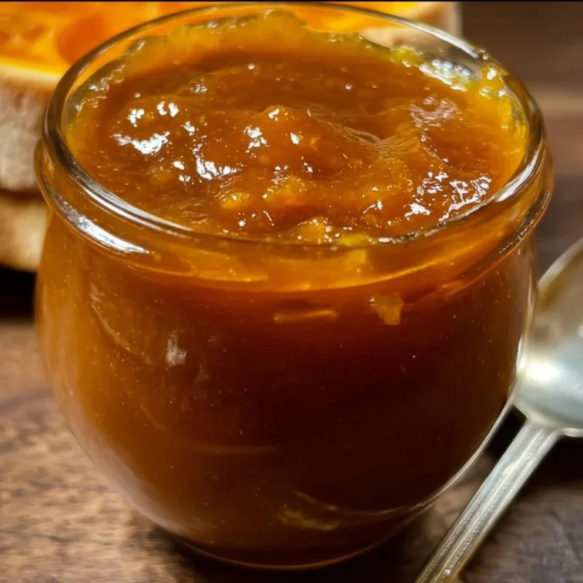 Jar of homemade easy pumpkin butter with spices and autumn decor
