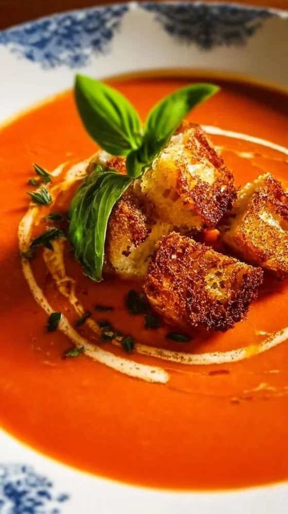 Bowl of easy roasted tomato soup garnished with fresh basil and croutons