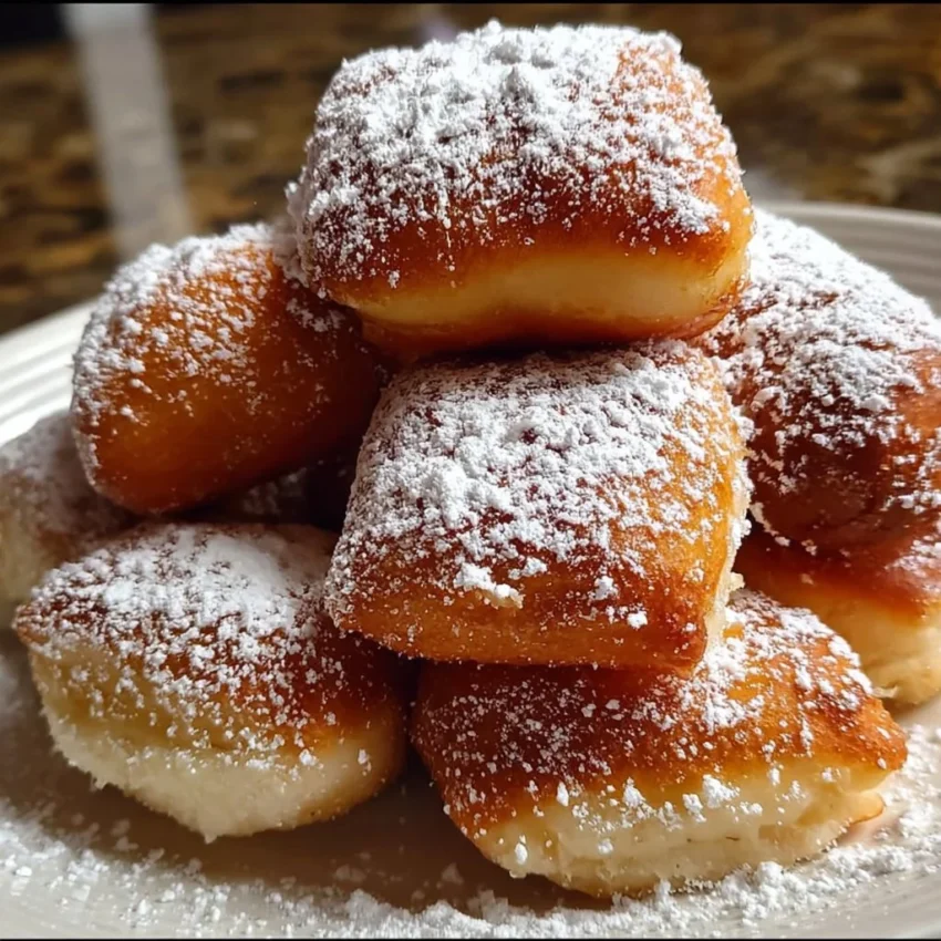 Golden brown easy vanilla French beignets dusted with powdered sugar
