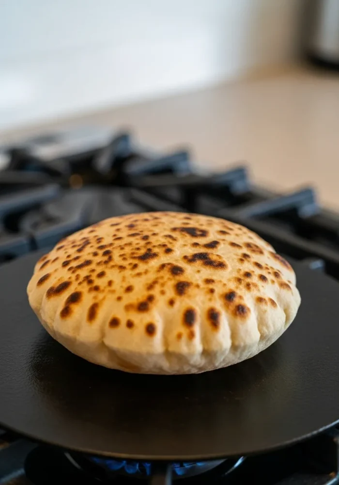 A golden-brown, puffed no-yeast pita bread with charred spots cooking on a black griddle over a blue gas flame.