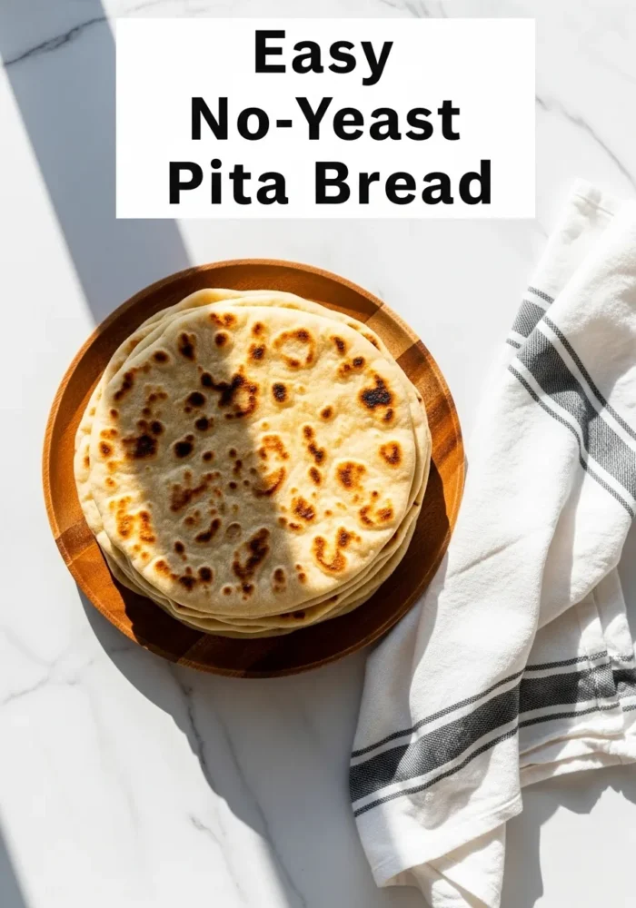 A stack of warm, golden-brown no-yeast pita bread on a round wooden plate, sitting on a white marble surface next to a white kitchen towel with black stripes.