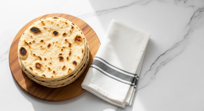 A stack of warm, golden-brown pita bread with subtle char marks, piled on a round wooden cutting board. A folded white kitchen towel with gray stripes rests beside it on a light marble counter.