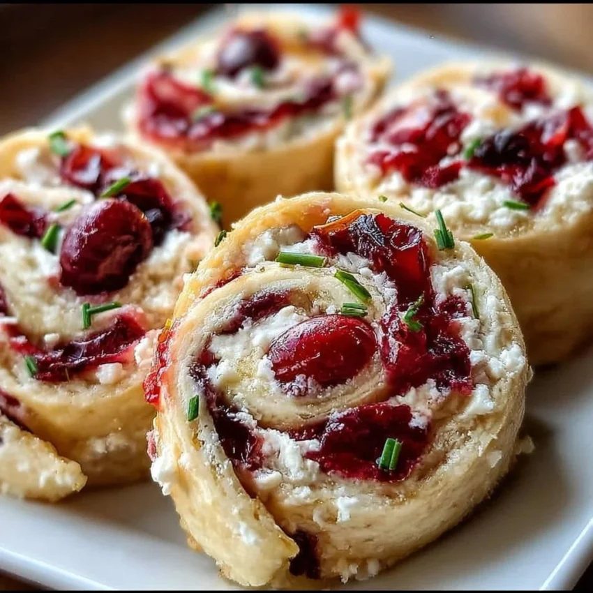 Festive Christmas Cranberry Roll Ups served on a platter.