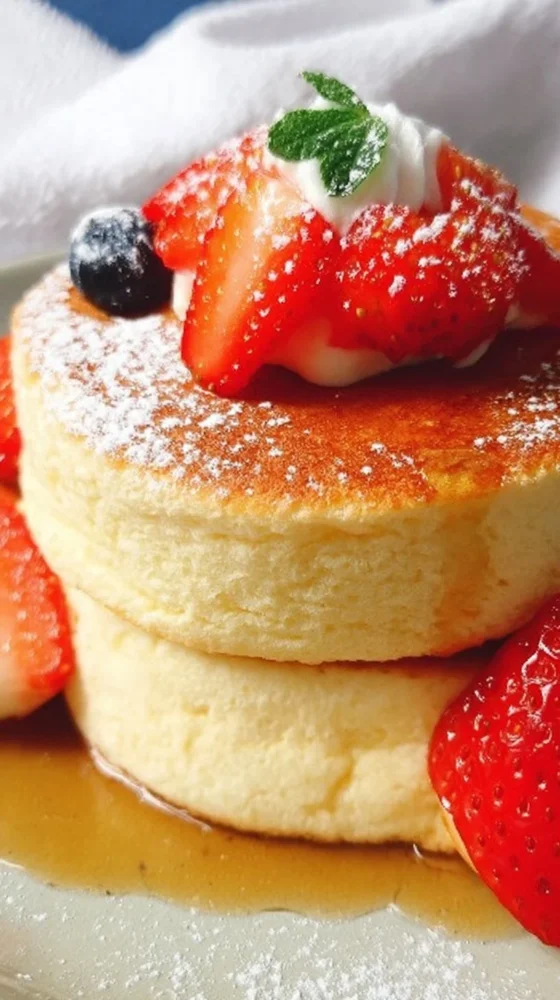 Fluffy Japanese soufflé pancakes stacked on a plate with syrup and fruit