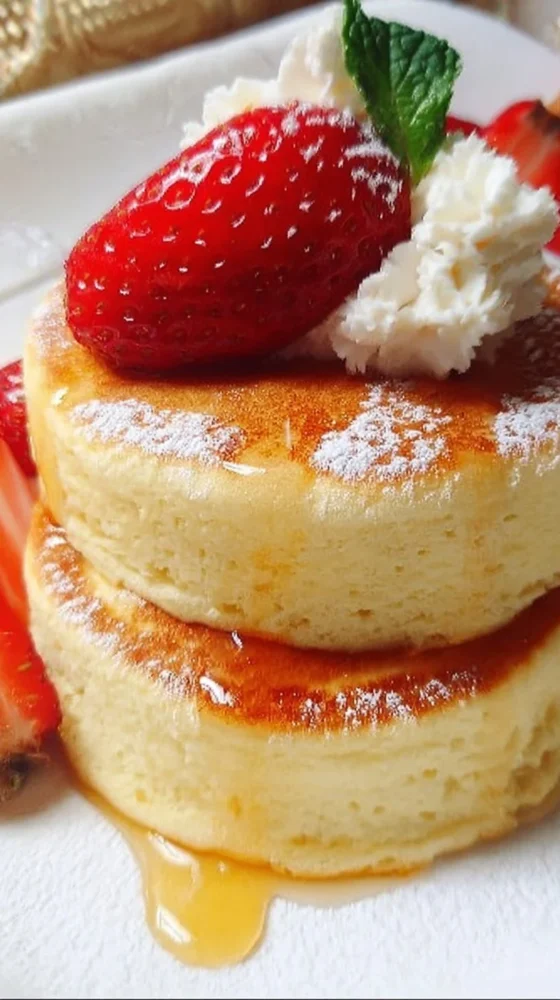 Fluffy Japanese soufflé pancakes stacked with syrup and fresh fruit on top