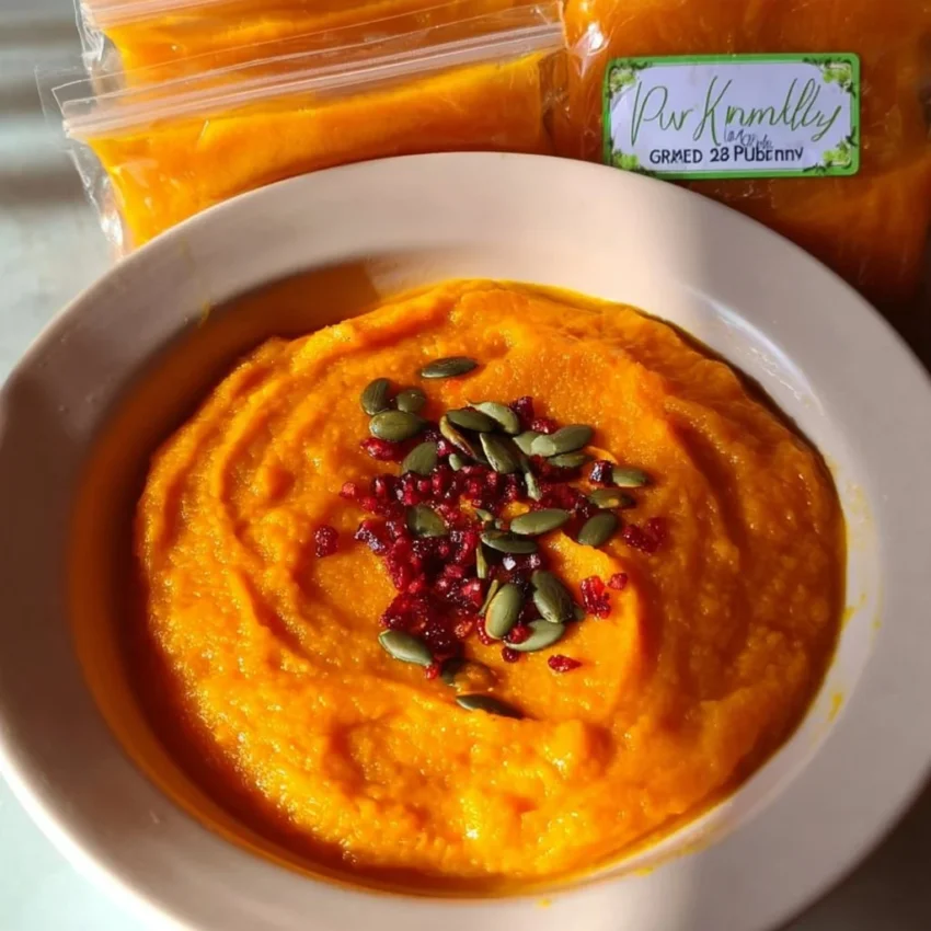 Homemade fresh pumpkin puree in a bowl ready for baking and cooking.