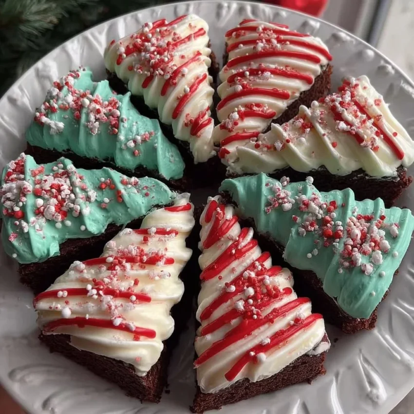 Frosted Christmas brownies topped with festive decorations