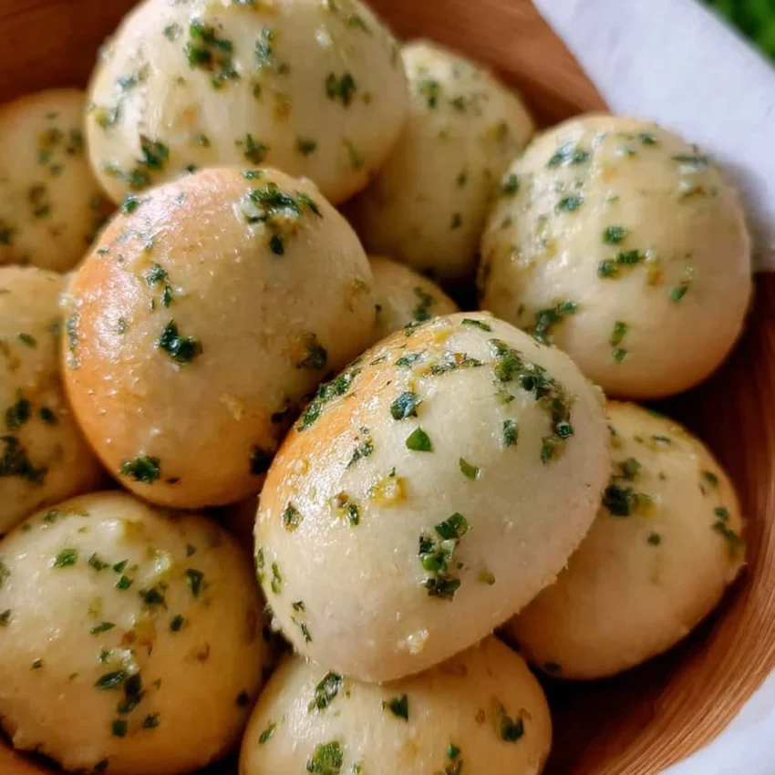 Fresh garlic bread rolls baking in the oven, golden and crispy.