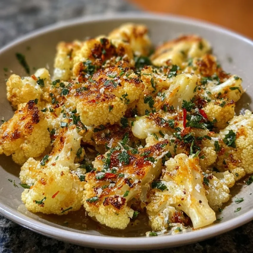 Garlic Butter Roasted Cauliflower on a plate, garnished and ready to serve.