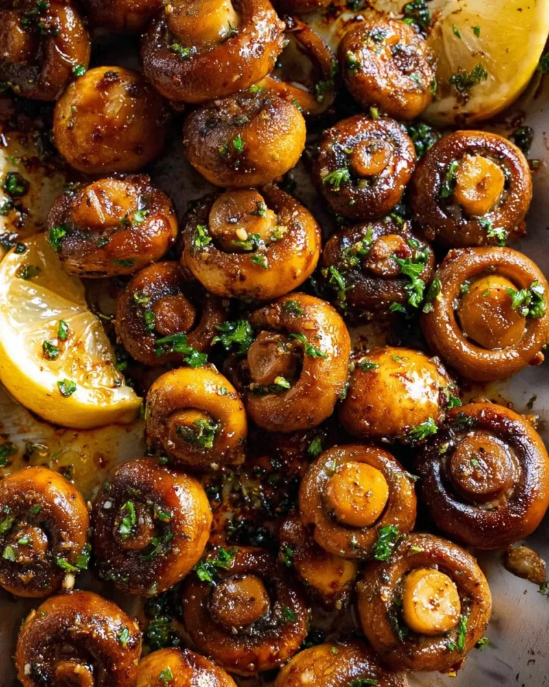 Delicious garlic butter roasted mushrooms on a plate