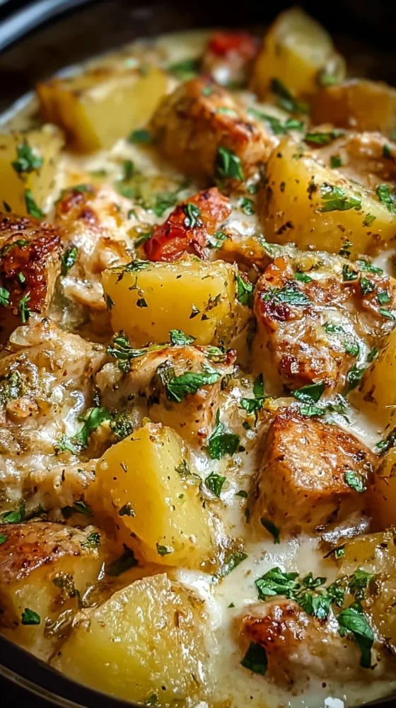 Crockpot Garlic Parmesan Chicken served with potatoes in a delicious sauce