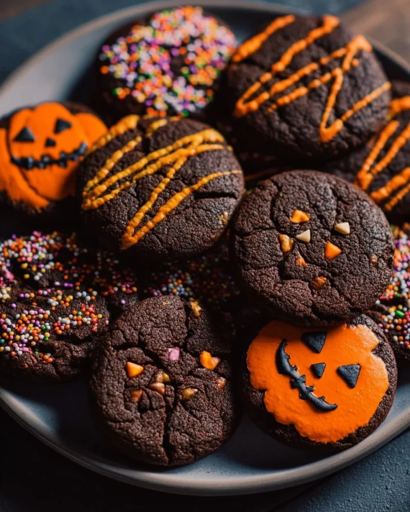 Delicious Halloween Cocoa Cookies decorated for spooky festivities