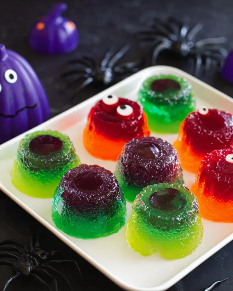 Colorful Halloween Jello shots served in cups with spooky decorations