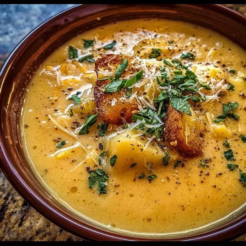 Bowl of hearty cheddar garlic herb potato soup garnished with fresh herbs