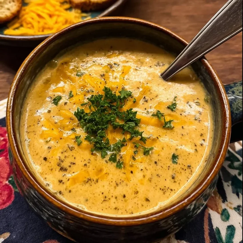 Bowl of hearty cheddar garlic herb potato soup garnished with fresh herbs