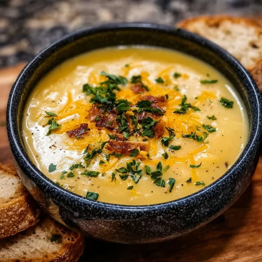 Bowl of hearty cheddar garlic herb potato soup garnished with fresh herbs