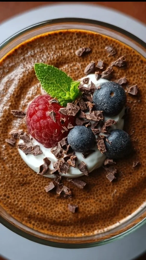 High protein chocolate chia seed pudding served in a bowl with toppings.