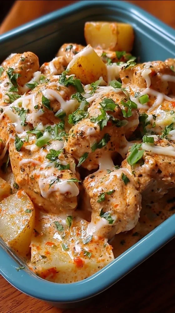 High-protein creamy garlic cheesy chicken and potatoes dish